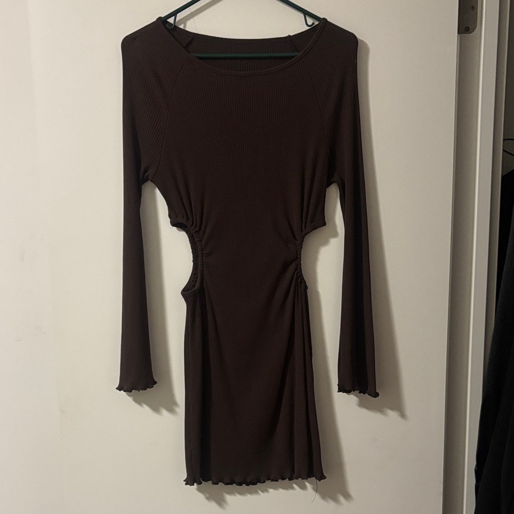Long Sleeve Brown Cutout Ribbed Mini Dress